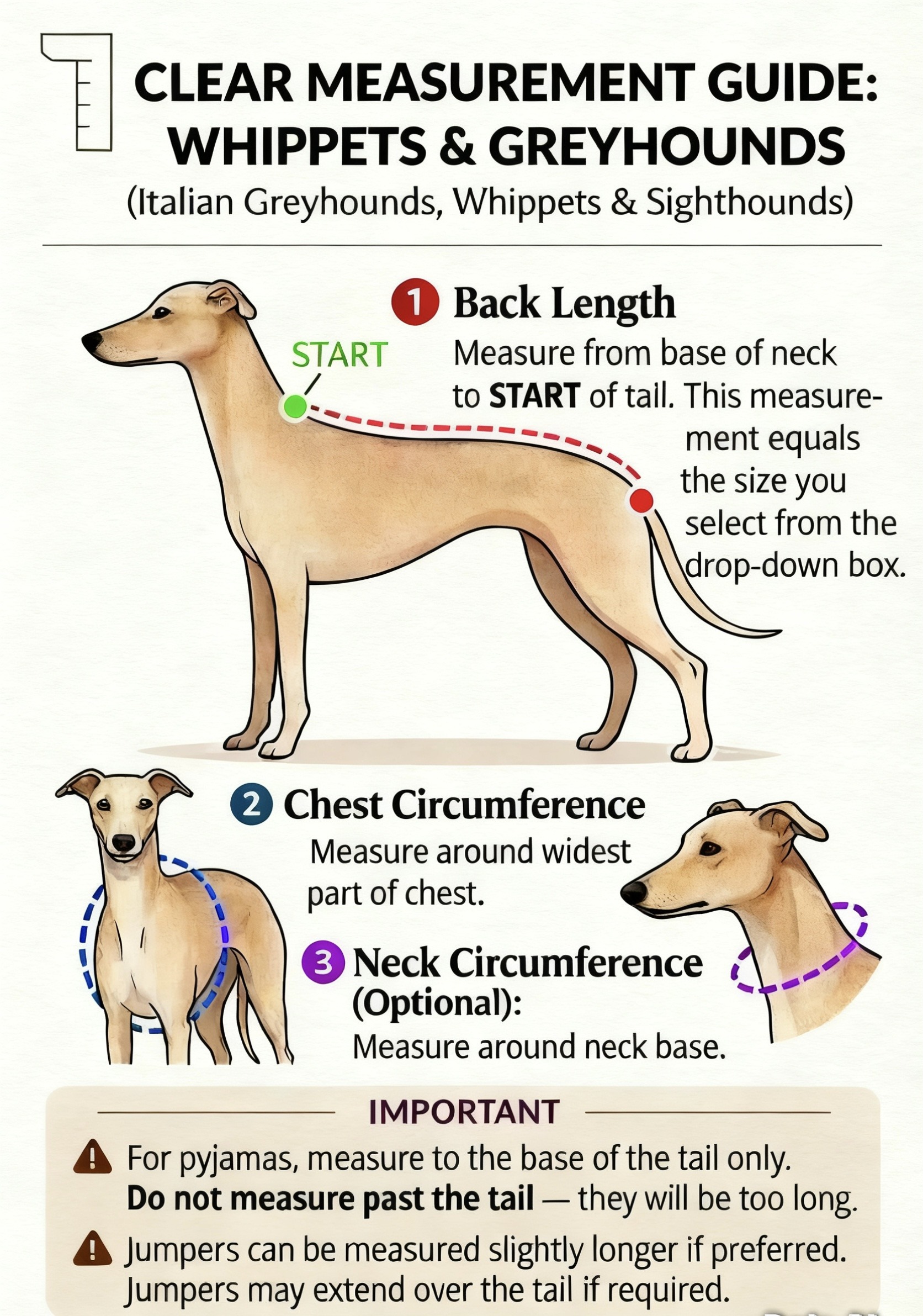 Whippet coat measuring guide showing back length chest and neck measurements for correct sizing