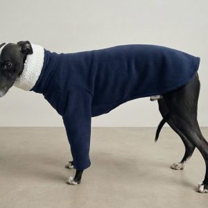 Whippet wearing navy 2 leg Sherpa fleece pyjamas