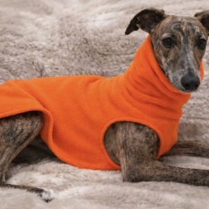 Hi vis orange fleece jumper for whippets and greyhounds, warm soft sighthound clothing