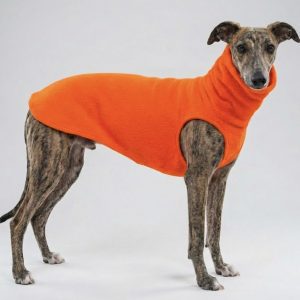 Hi vis orange whippet fleece jumper for winter walks, warm sighthound clothing