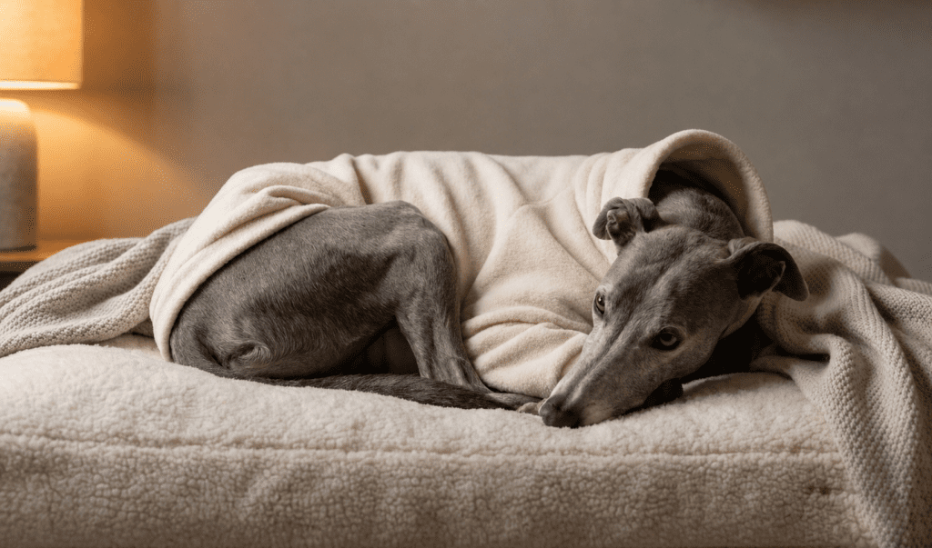 Whippet wearing cream fleece pyjamas
