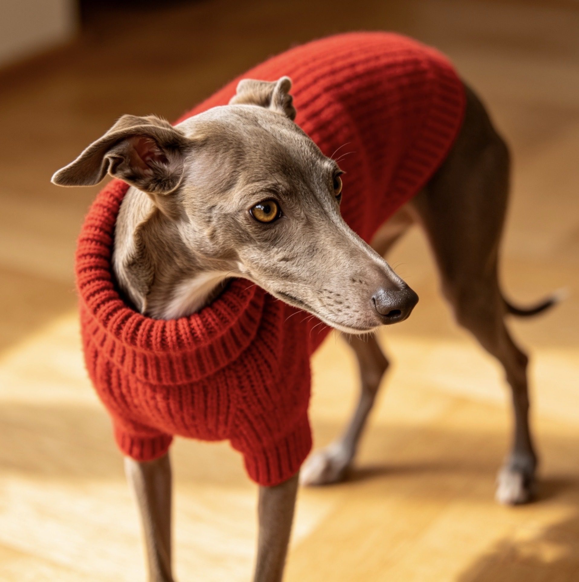 Italian greyhound wearing a red sweater